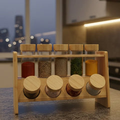 9 Pcs Spice Set β Glass Jars with Wooden Stand