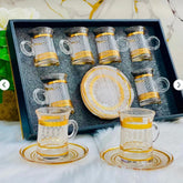 Luxury Kawa Glass Cup & Saucer Set – 6 Cups with 6 Saucers | Elegant Gold Design