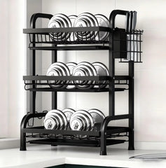 Metallic 3-Tier Dish & Plate Rack with Cutlery Holder – Heavy Duty Kitchen Organizer