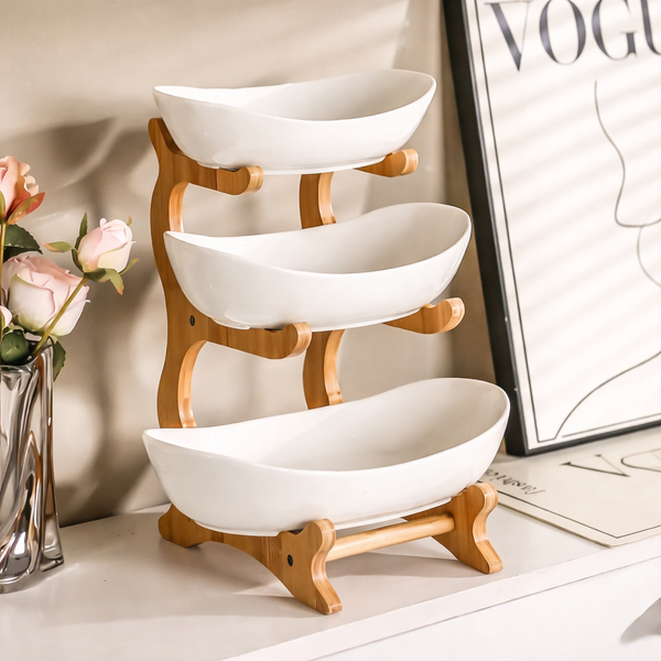 3-Tier Ceramic Bowl with Wooden Stand | Multi-Purpose Fruit & Snack Organizer