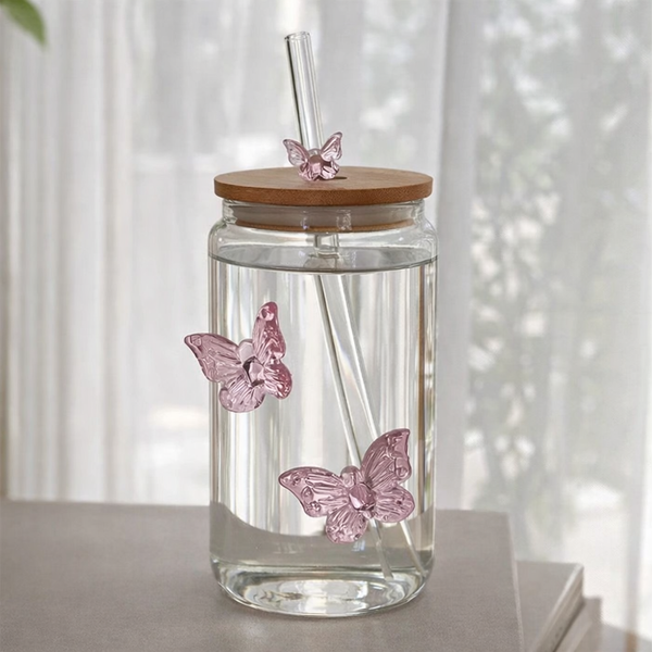 Mason Jar Oval Butterfly Glass Cup – Bamboo Lid & Reusable Straw