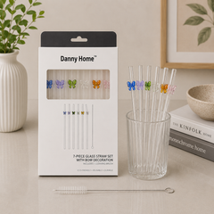 Danny Home 7Pcs Glass Straw Set with Bow Decoration – 20cm