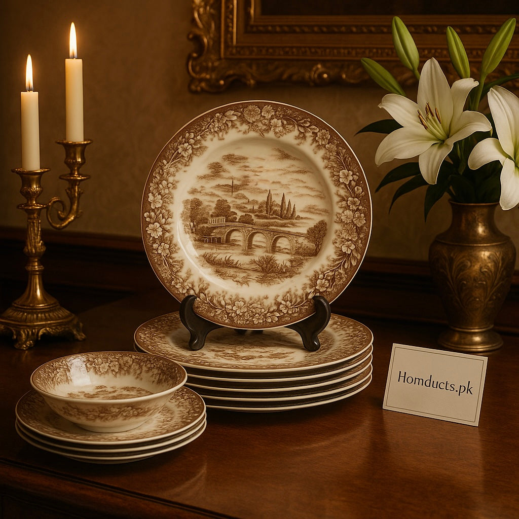 Vintage Elegance 18-Piece Dinner Plate Set – Classic Brown Floral & Scenic Design