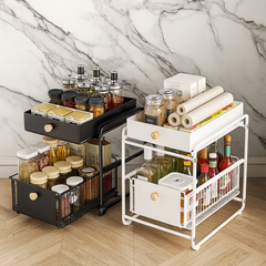 Ecoco Luxury 2-Tier Pull-Out Kitchen Organizer – Heavy-Duty Metal Cabinet Storage Rack