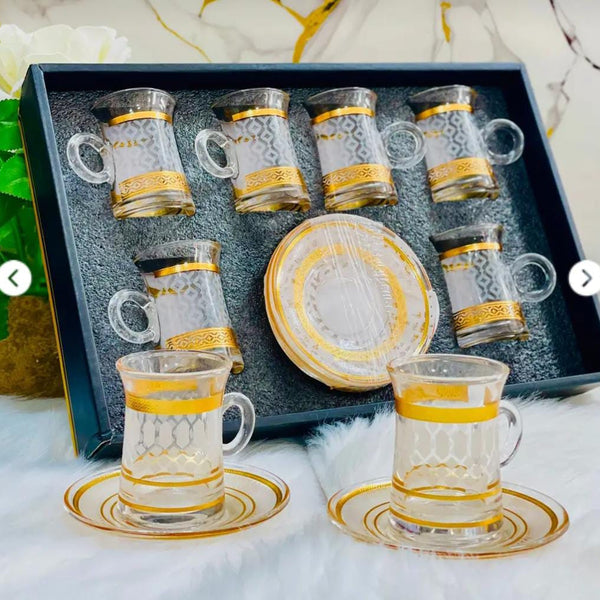 Luxury Kawa Glass Cup & Saucer Set – 6 Cups with 6 Saucers | Elegant Gold Design