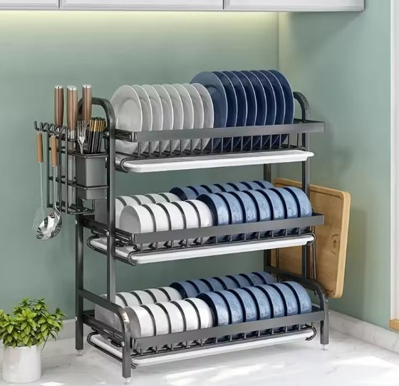 Metallic 3-Tier Dish & Plate Rack with Cutlery Holder – Heavy Duty Kitchen Organizer