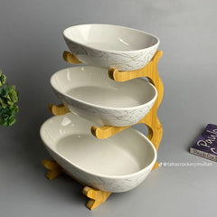3-Tier Ceramic Serving Platter with Wooden Stand – Elegant Snack & Dessert Display