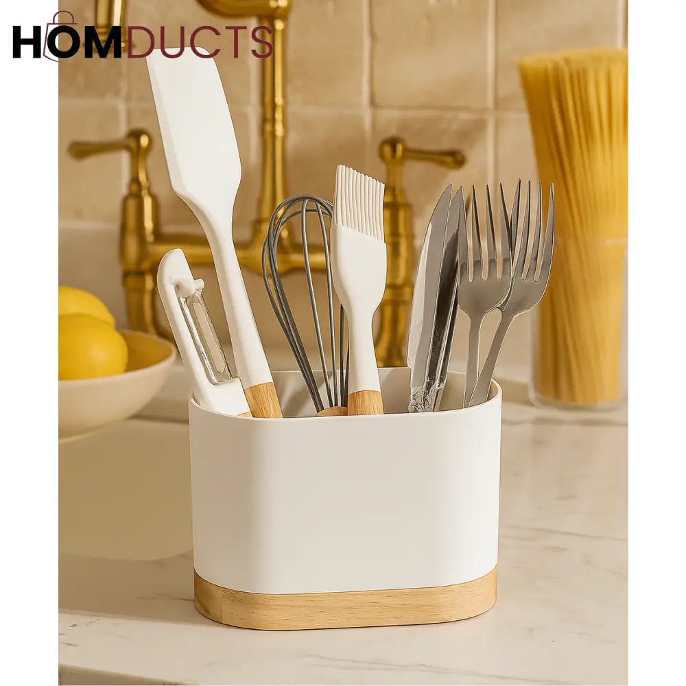 Modern White Kitchen Utensil Holder with Natural Wooden Base - Stylish & Space-Saving Countertop Organizer
