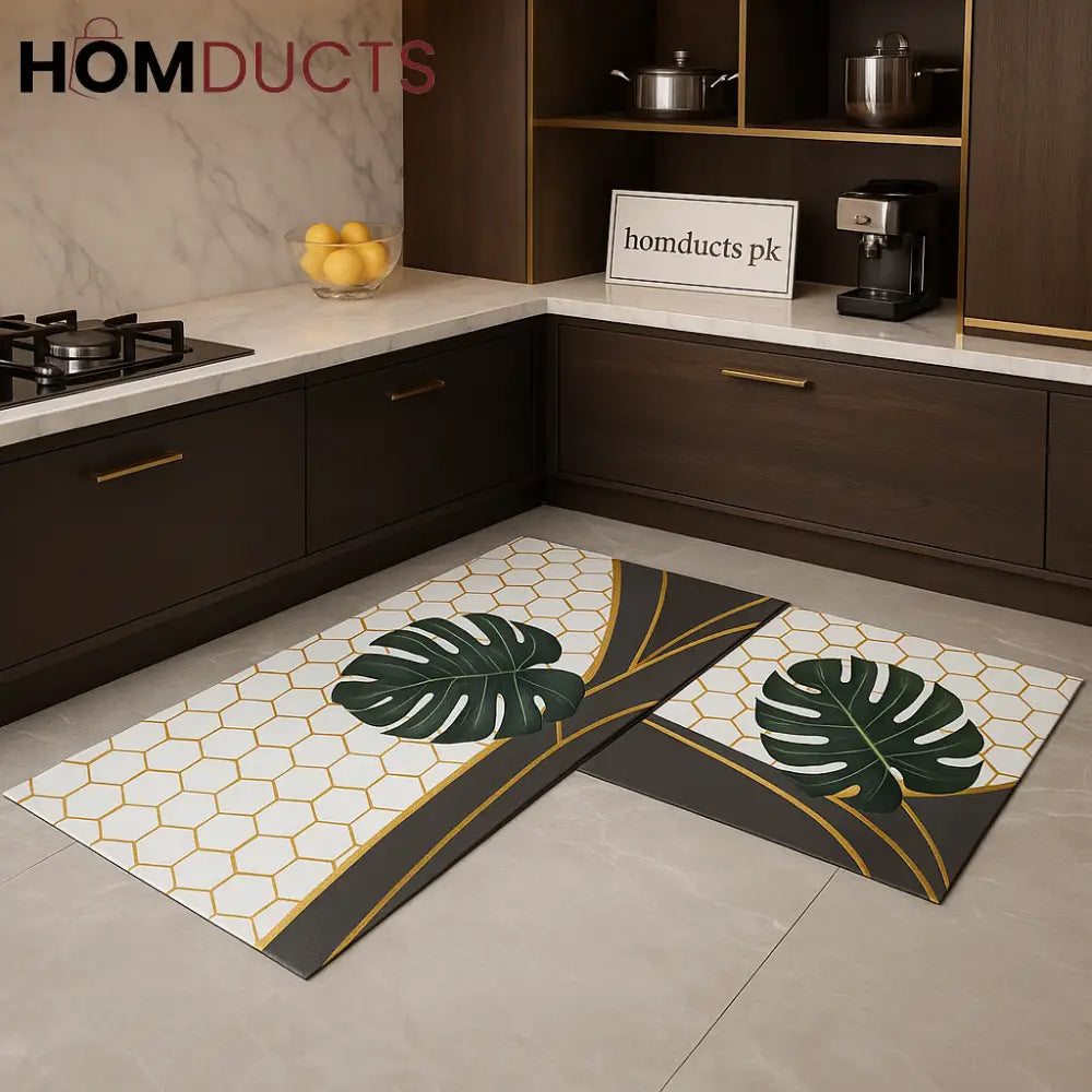 Premium Honeycomb Leaf Kitchen Mat Set – 2 Pcs Non-Slip, Waterproof & Easy-to-Clean