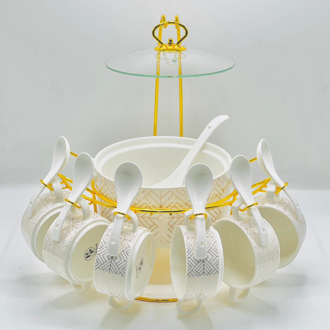 Luxury 15-Piece Ceramic Soup Set with Golden Rotating Stand

Option 2: Elegant & Royal
Royal White & Gold Porcelain Soup Server Set with Glass Lid

Option 3: Modern Design (For the Patterned Set)
Modern Geometric Patterned Soup Set with Serving Spoons & R